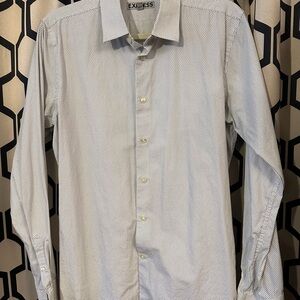 Express Men's White Dress Shirt with Black Micro Dot Pattern